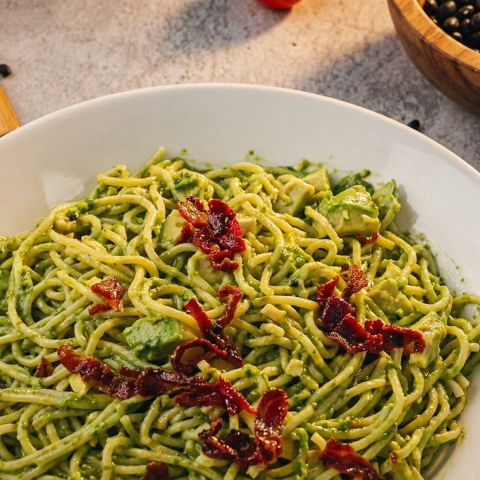 Plate of green pesto pasta topped with avocado chunks and crispy bacon, surrounded by wooden utensils and black beans.