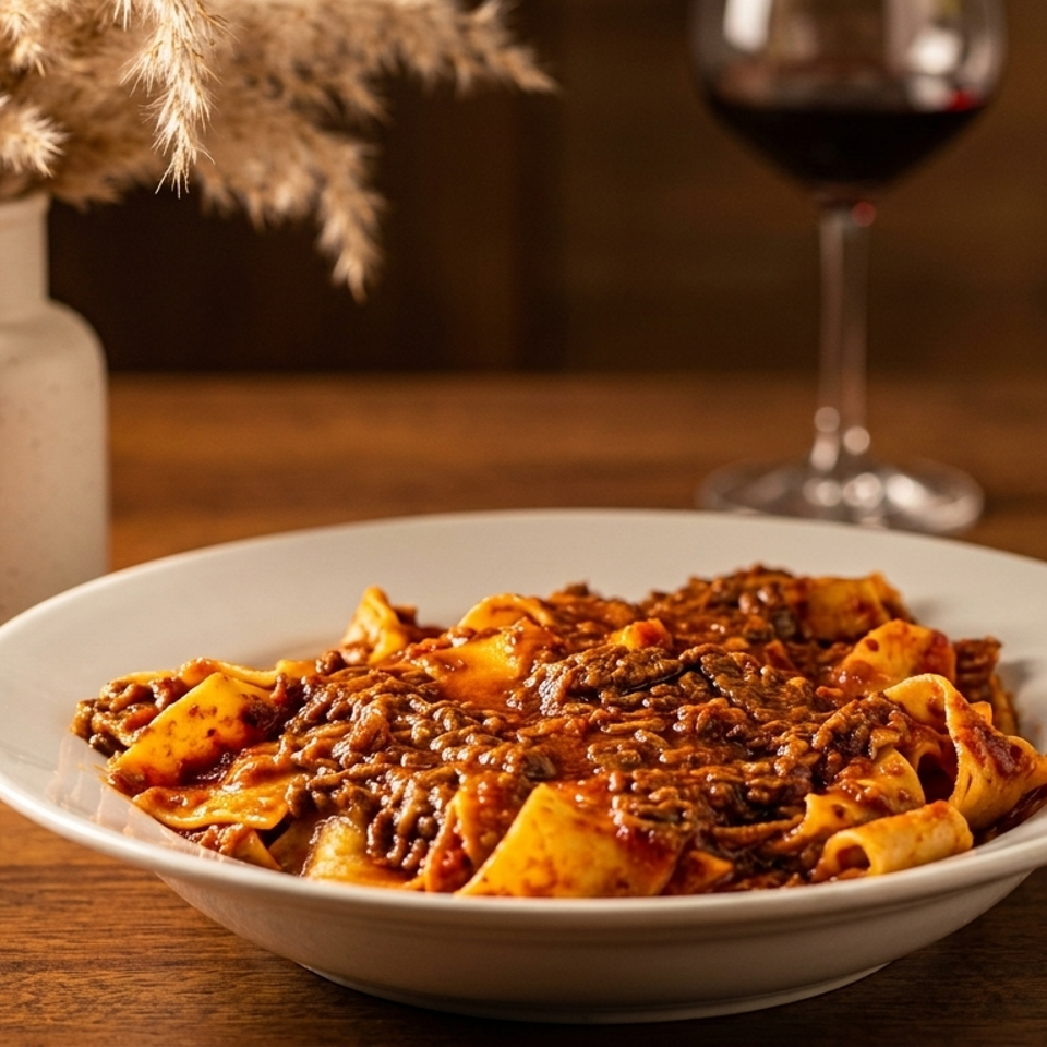 Plate of ravioli topped with rich meat sauce on a wooden table, beside red wine and dried floral arrangements.