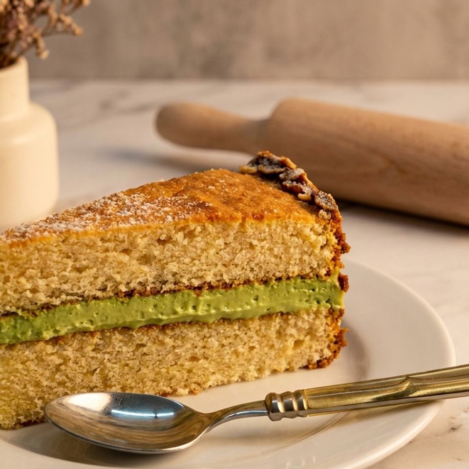Slice of golden cake layered with green cream on a plate beside a spoon and wooden rolling pin.