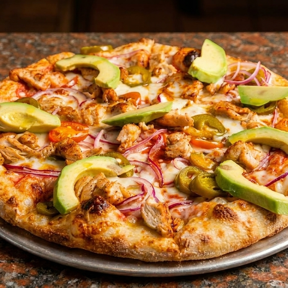 Loaded pizza topped with grilled chicken, avocado, jalapeños, red onions, tomatoes, and melted cheese beside a Coca-Cola cup.