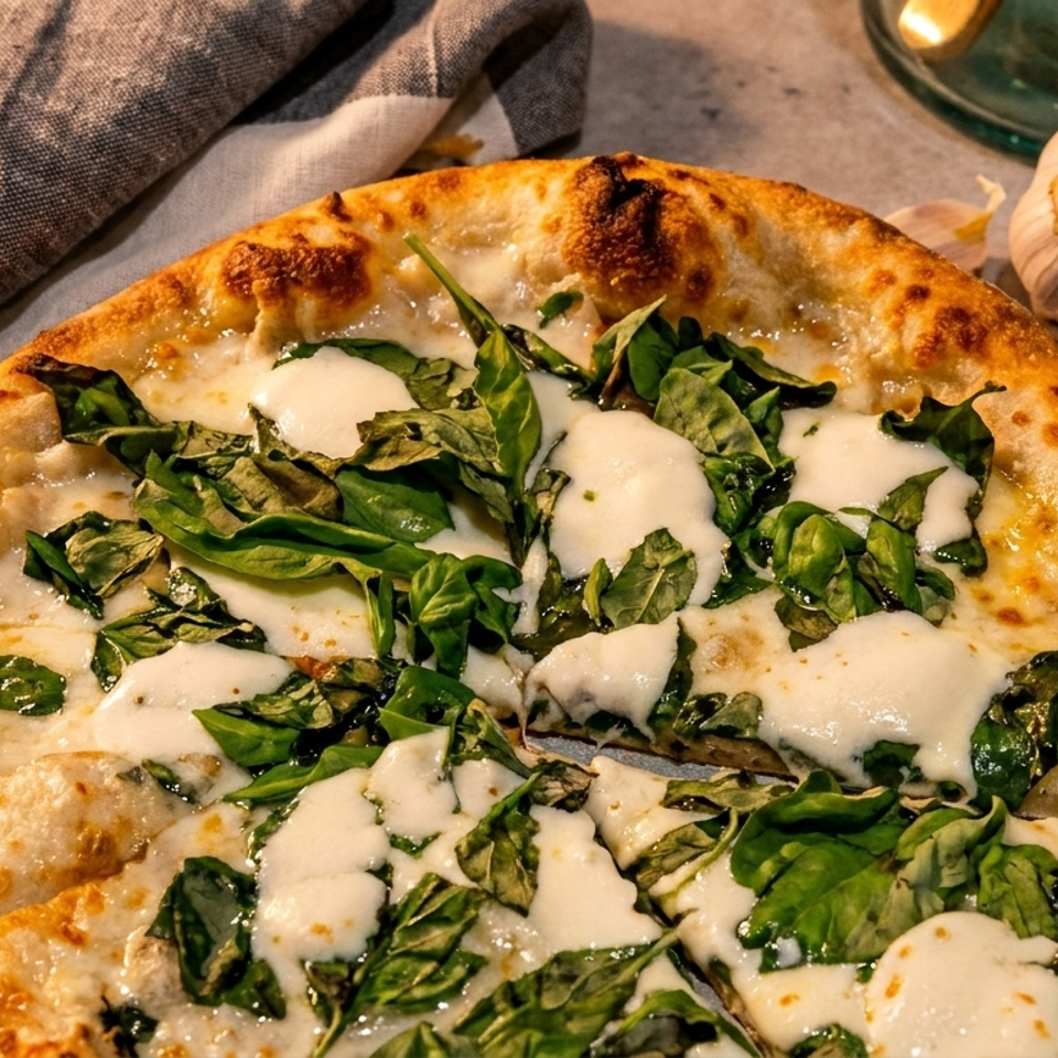 Wood-fired pizza topped with melted cheese and fresh basil, surrounded by garlic, herbs, and rustic kitchen linens.